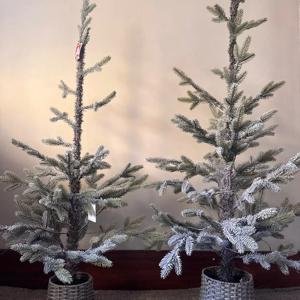 NWT 2 Pre- Lit Flocked Balsam Christmas Tree with Basket Base